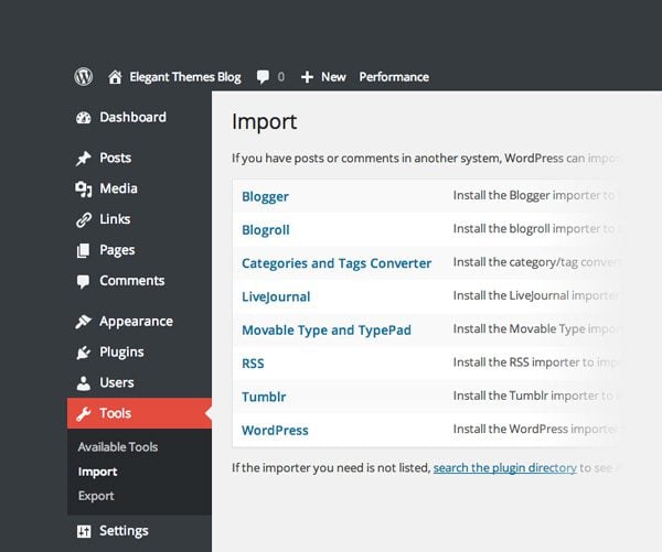 A range of import plugins are available for WordPress. 