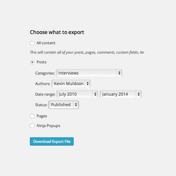 You can filter what posts and pages you want to export.