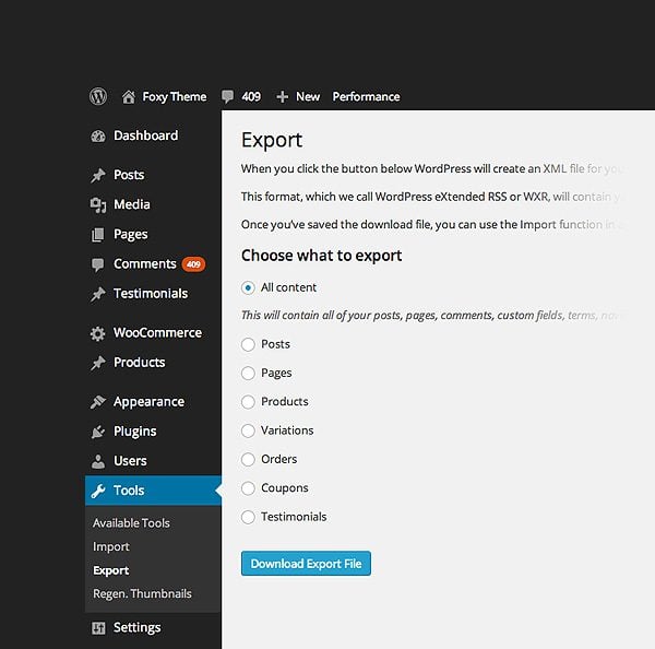 The WordPress Export Page