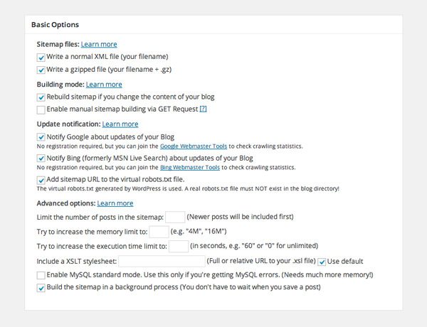 Google XML Sitemaps Basic Options