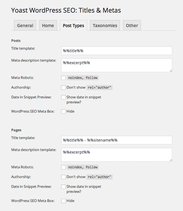 WordPress SEO Titles and Meta for Post types