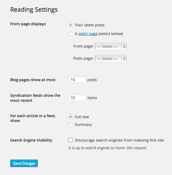 WordPress Reading Settings