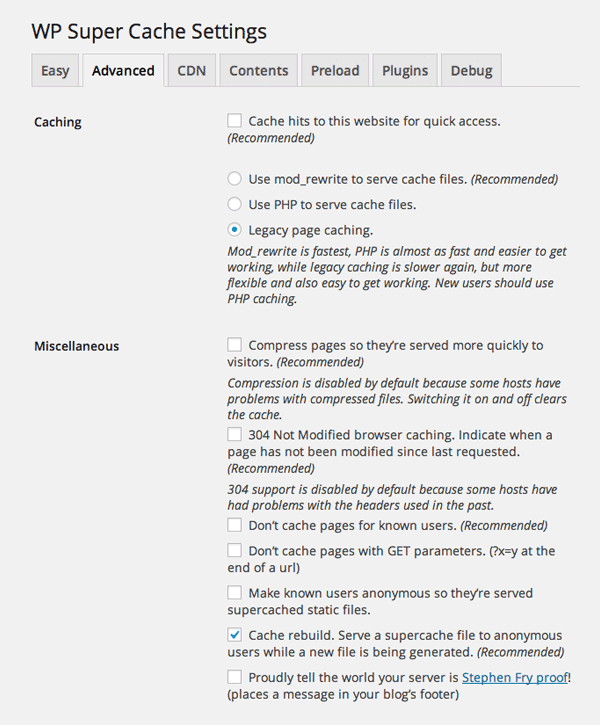 WP Super Cache Advanced Settings
