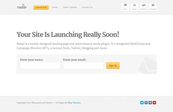 Radar Landing Page Plugin