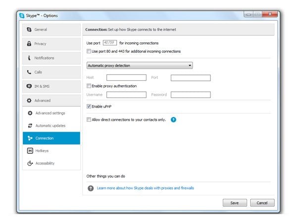 Skype Connection Options