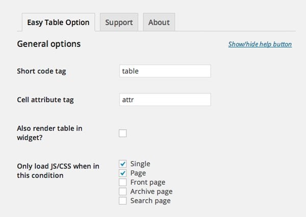 Easy Table General Options