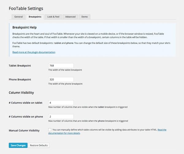 FooTable Settings