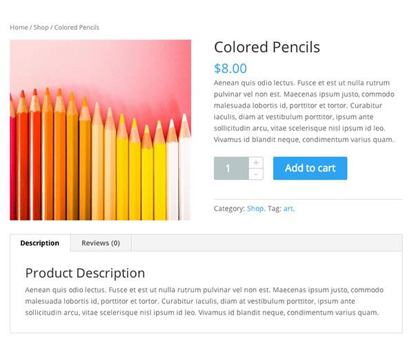Notice that under the "add to cart" button there are custom product categories and tags. These would help customers find similar products in your shop.