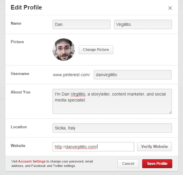 Creating a profile on Pinterest