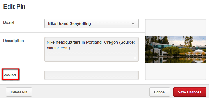 Edit pin source on Pinterest to insert site link