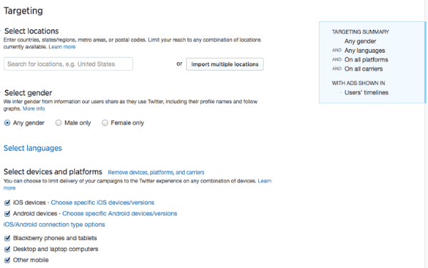 Twitter ads targeting section