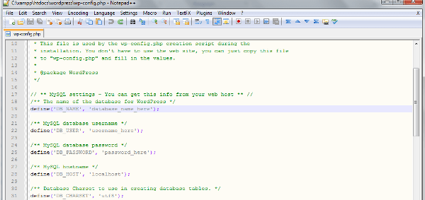 wp-config php file in Notepad