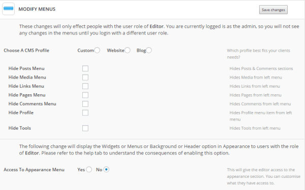 Modify Menus Option of White Label CMS