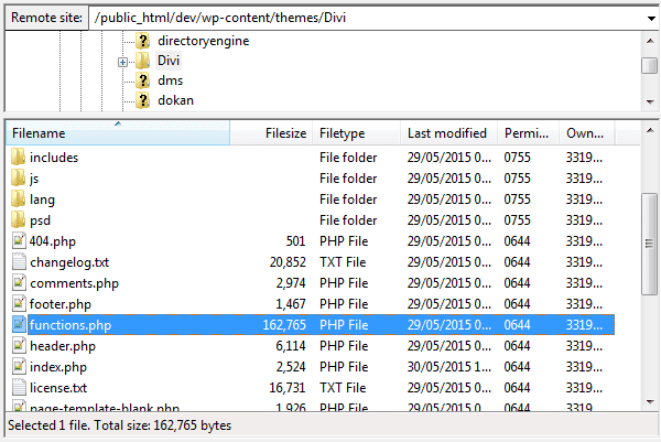 Finding the functions.php file with an FTP client