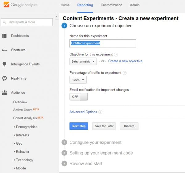 Setting up 'experiments' with Google Analytics