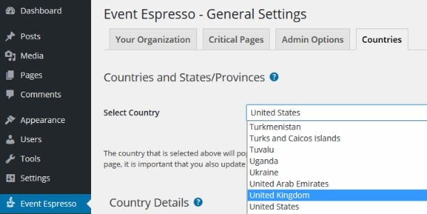 Event Espresso Country Settings