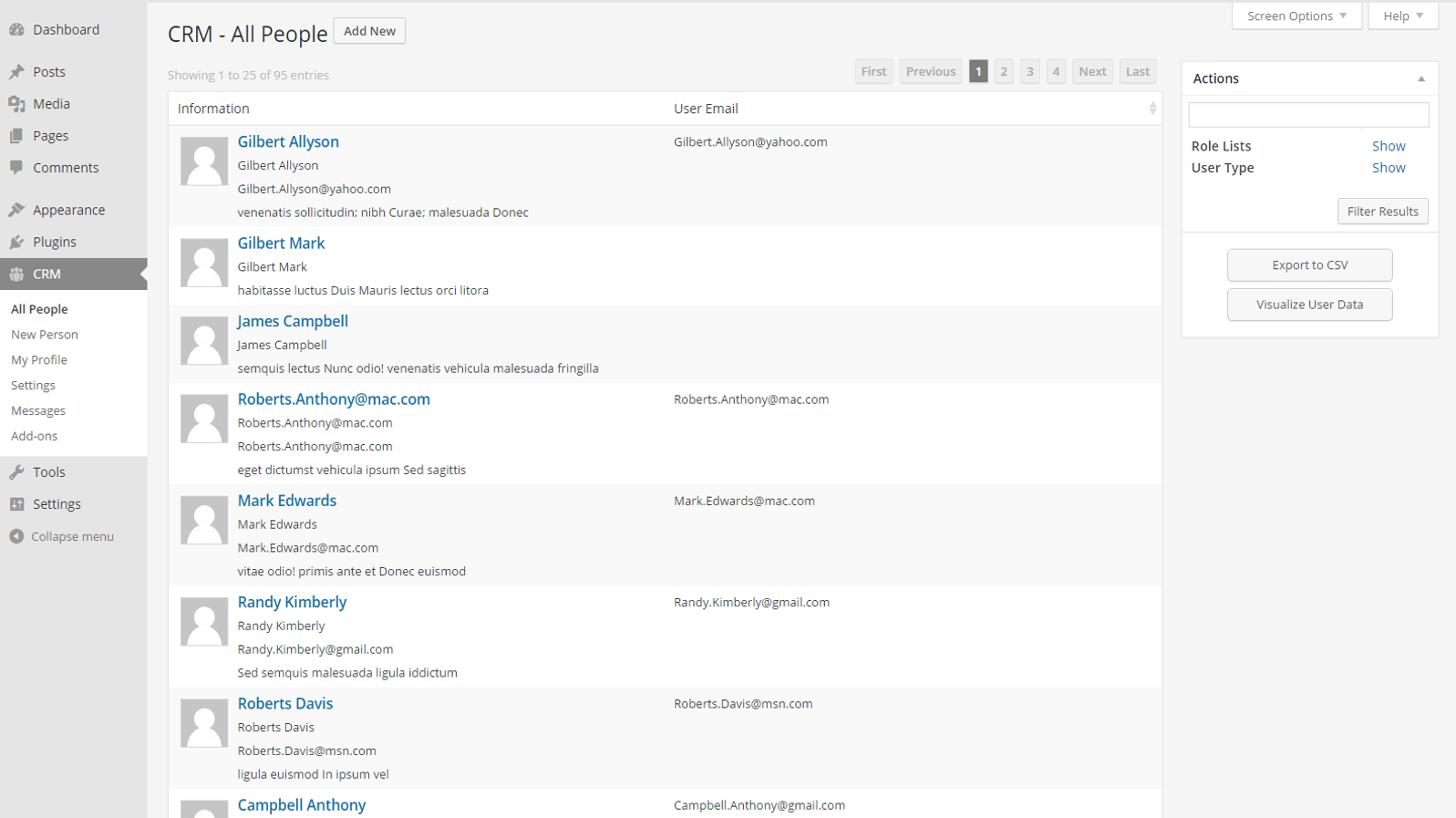 Front page of WP-CRM.