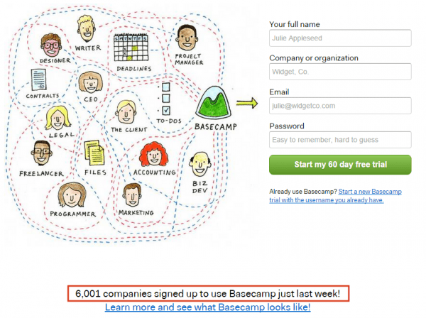 Basecamp displays social proof the right way