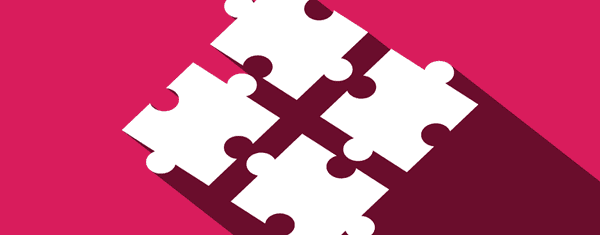 Four puzzle pieces on a red background.