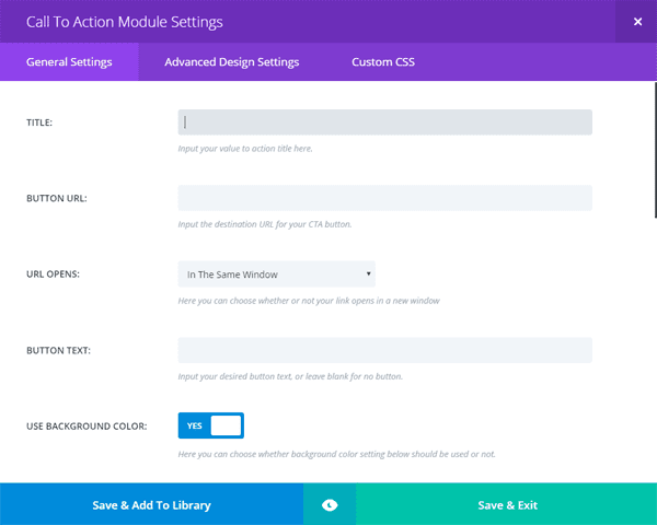 Main menu of the Divi call to action module.