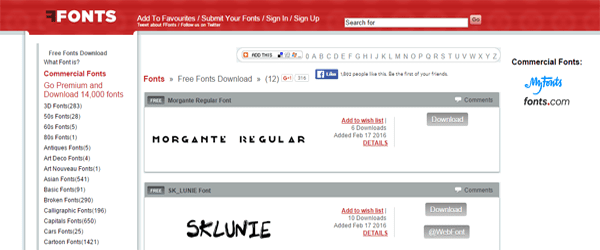 A screenshot from the FFonts homepage.