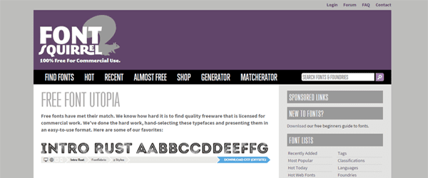 A screenshot from the Font Squirrel homepage.