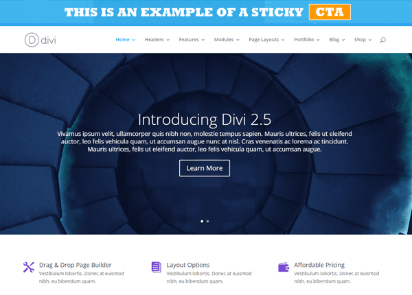 A sticky CTA in action using one of Divi's demo pages.
