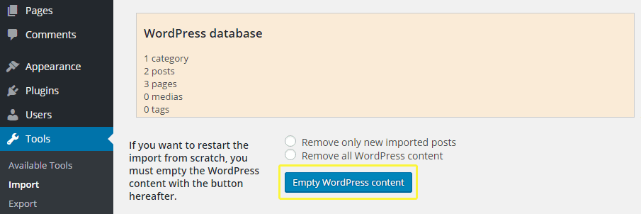 The Delete WordPress content option within the importer plugin.