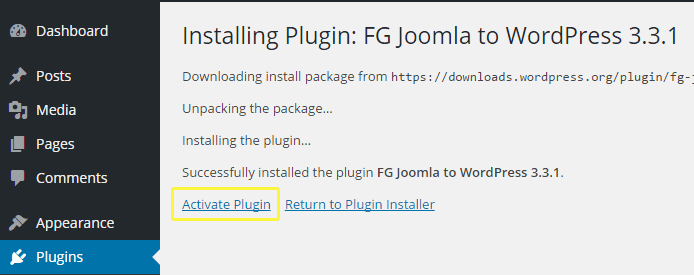 Option to activate the FG Joomla to WordPress plugin.