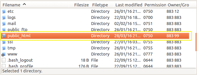 The public_html folder as seen from within FileZilla.