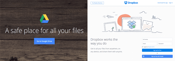 Screenshots from the Google Drive and Dropbox homepages.