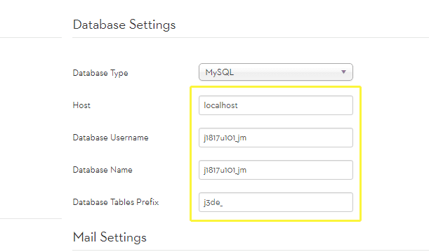 Joomla database parameters.