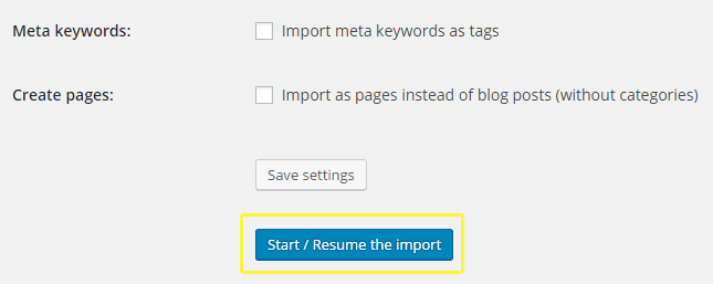 The Start - Resume option within the Joomla importer.