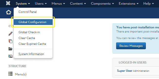 Joomla system drop-down menu leading to the Global Configuration page.