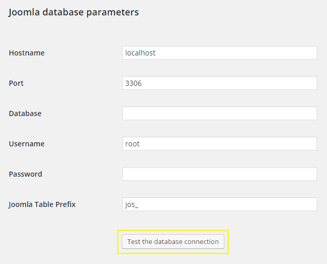 The test database connection option within the Joomla importer.
