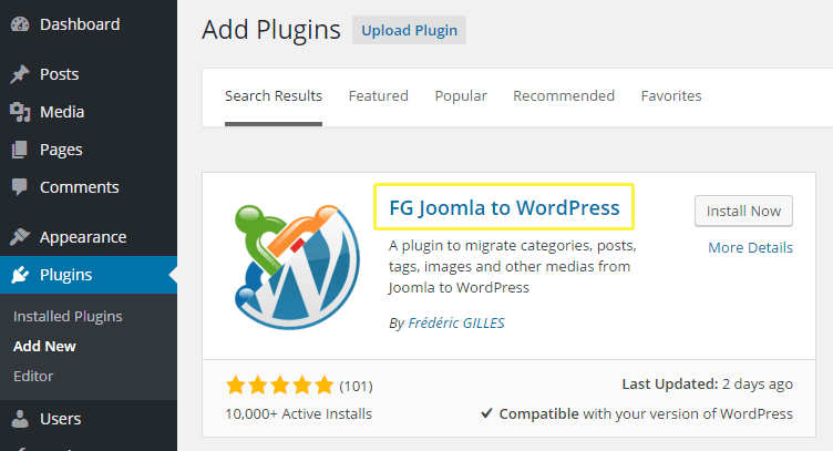 The FG Joomla to WordPress plugin's description box.