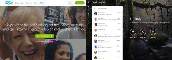 A screenshot of the Skype and Hangout homepages.