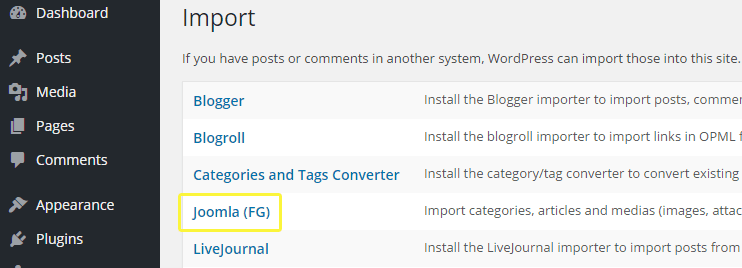 The Joomla import option amongst other WordPress tools.