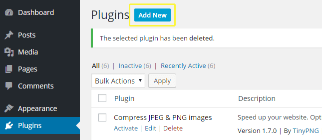 Screenshot of the Add New plugins option on the WordPress dashboard.