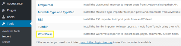 Screenshot of all the available importers within WordPress.org.