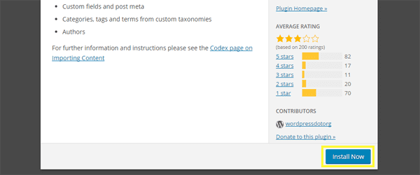 Screenshot of the WordPress Importer's Install Now option.