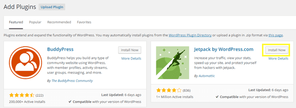 Selecting the Jetpack plugin for installation.