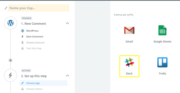 Choosing Slack as the action app within the Zap.