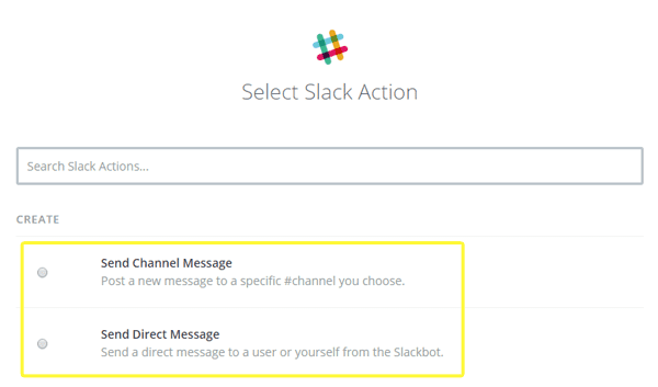 Choosing the Slack action from within Zapier.