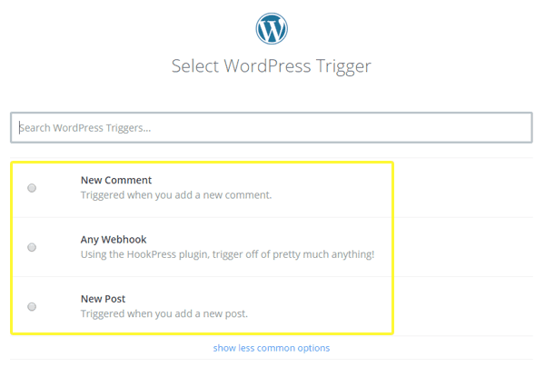 Choosing the trigger action from WordPress.