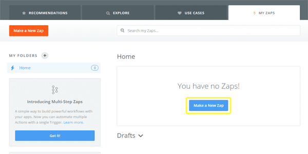 Zapier's Make new zap option.