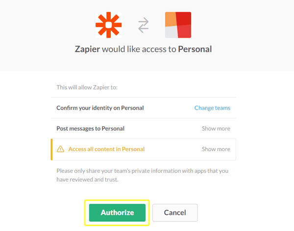 Authorizing Zapier to access your Slack account.