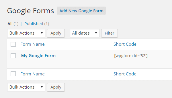 Google Forms Plugin Shortcode