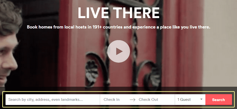 A screenshot of Airbnb's main search function.