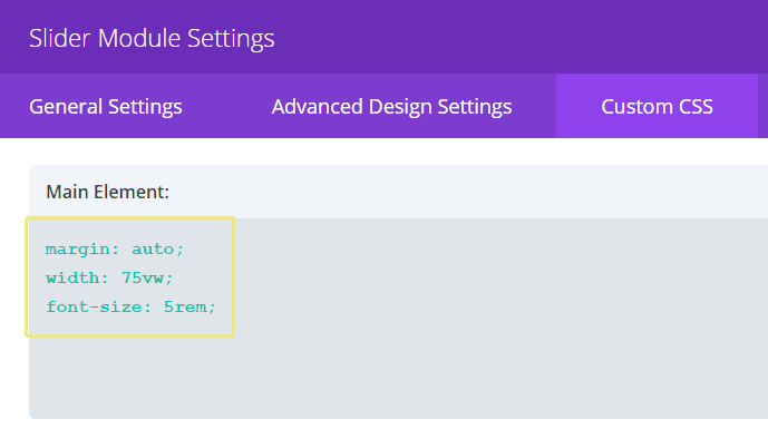 Screenshot of some custom CSS for the Divi Slider module.